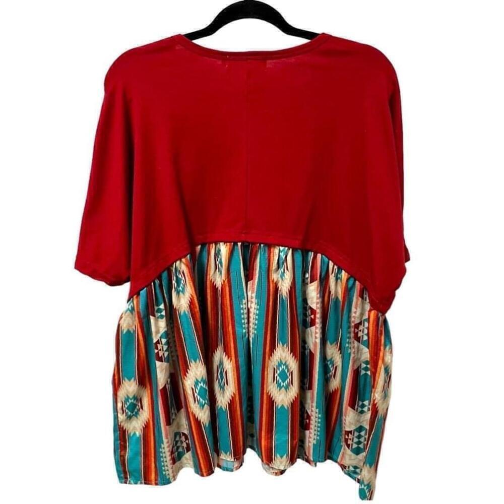 Crazy Train Red & Turquoise Tribal Print Oversized Boho WesternTop - Size M - Picture 8 of 11